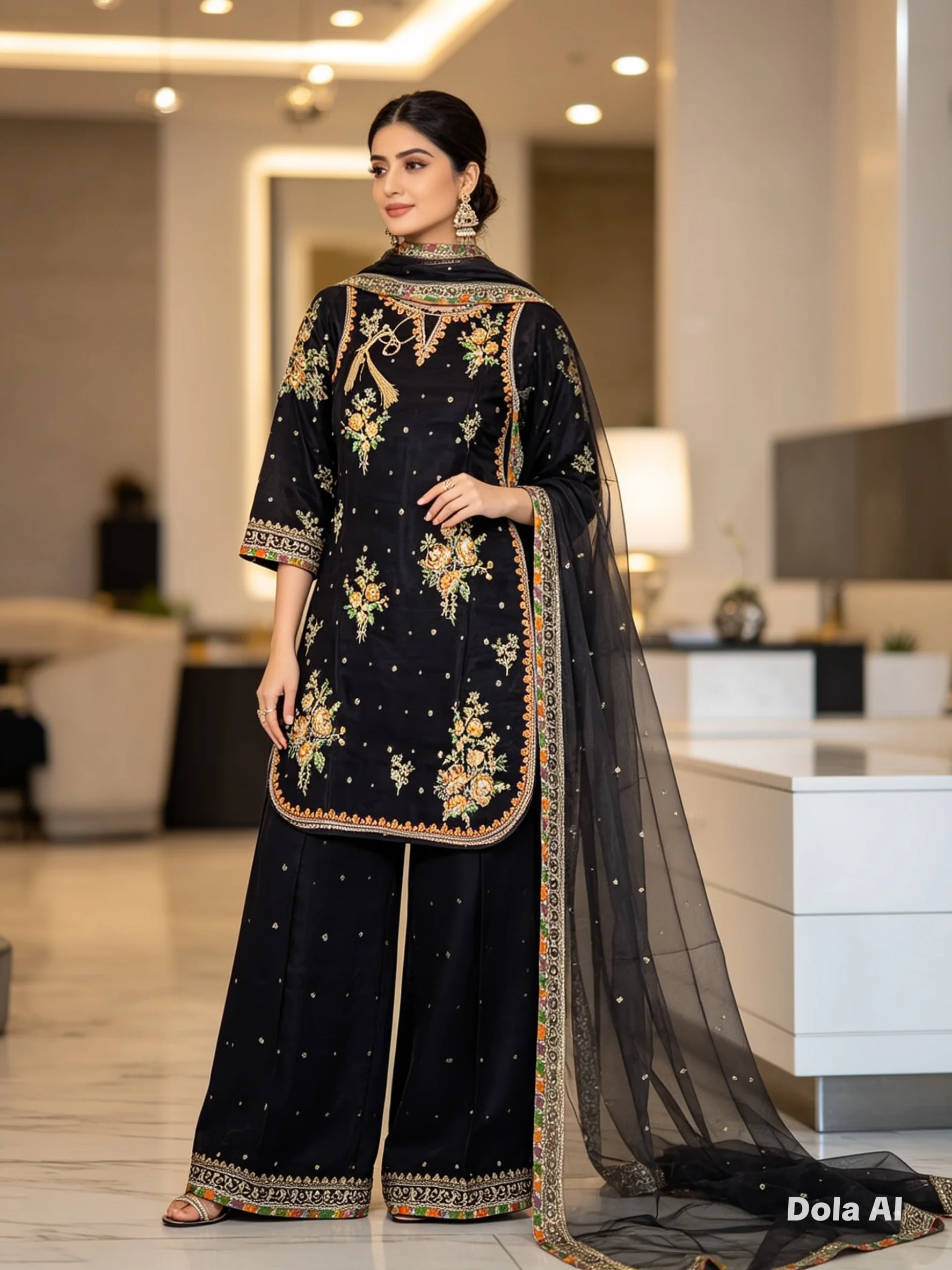 ALA-105 -Elegant Black Embroidered Traditional Suit - Image 7