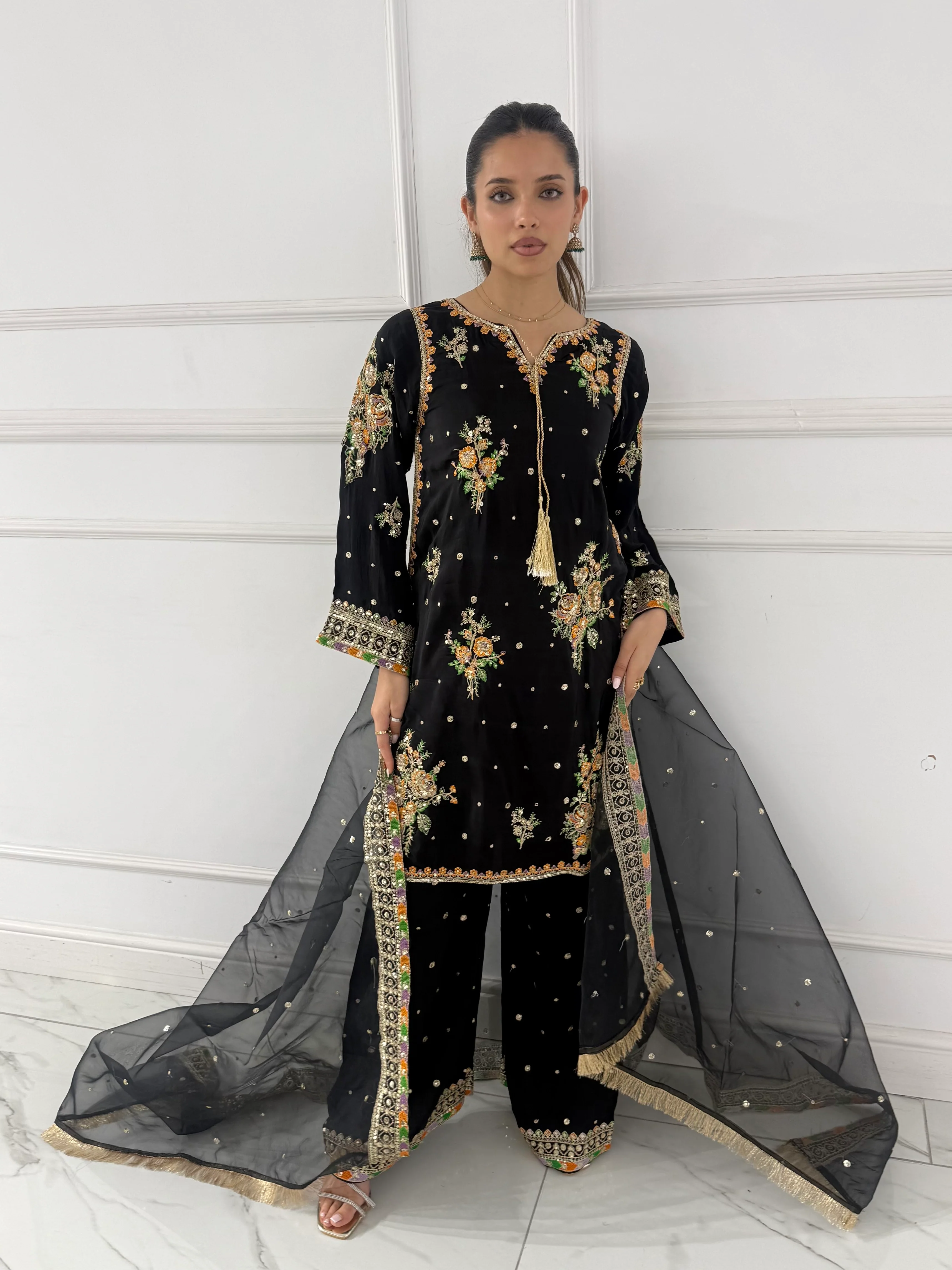 ALA-105 -Elegant Black Embroidered Traditional Suit - Image 8