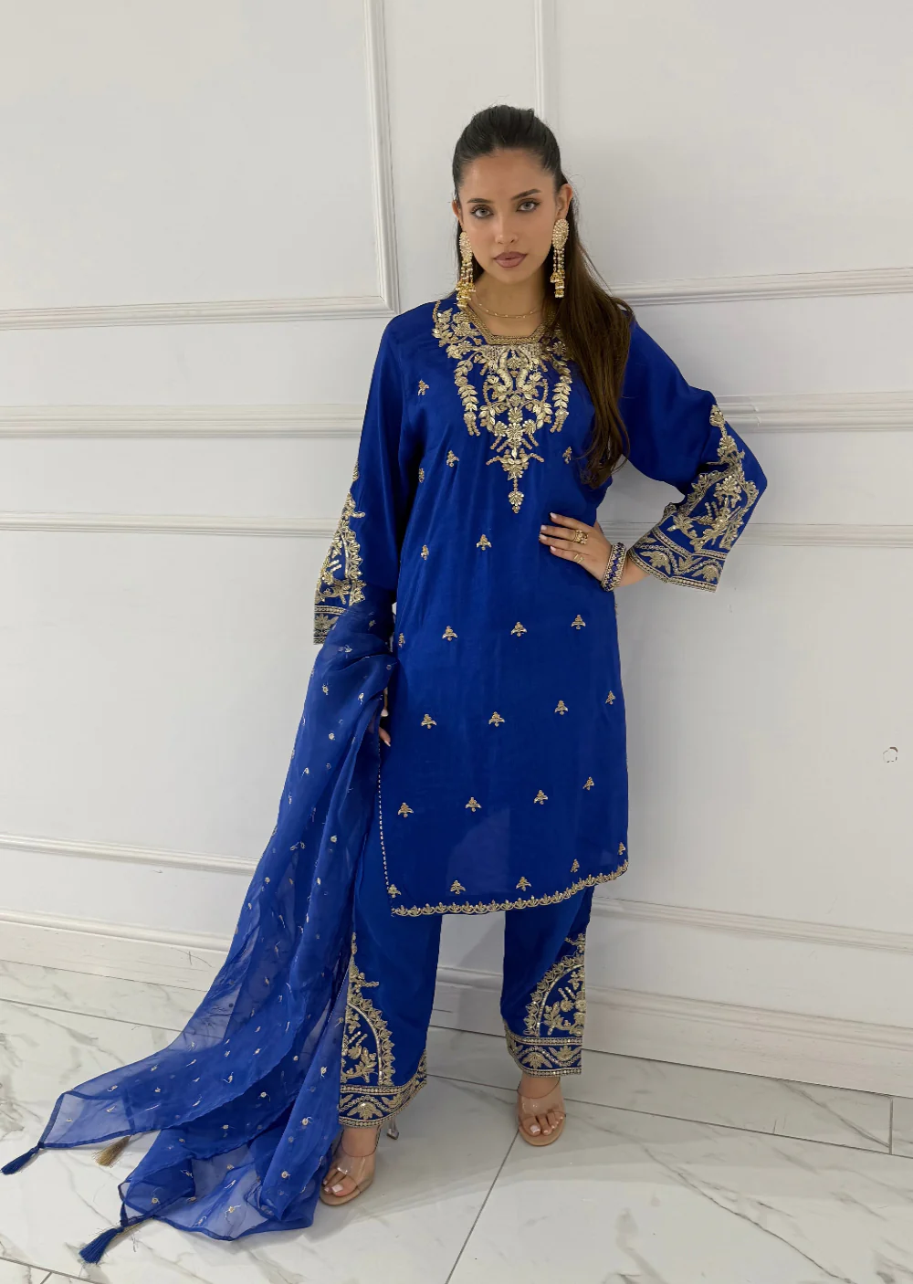 ALA-107 Royal Blue Embroidered Silk Suit Set