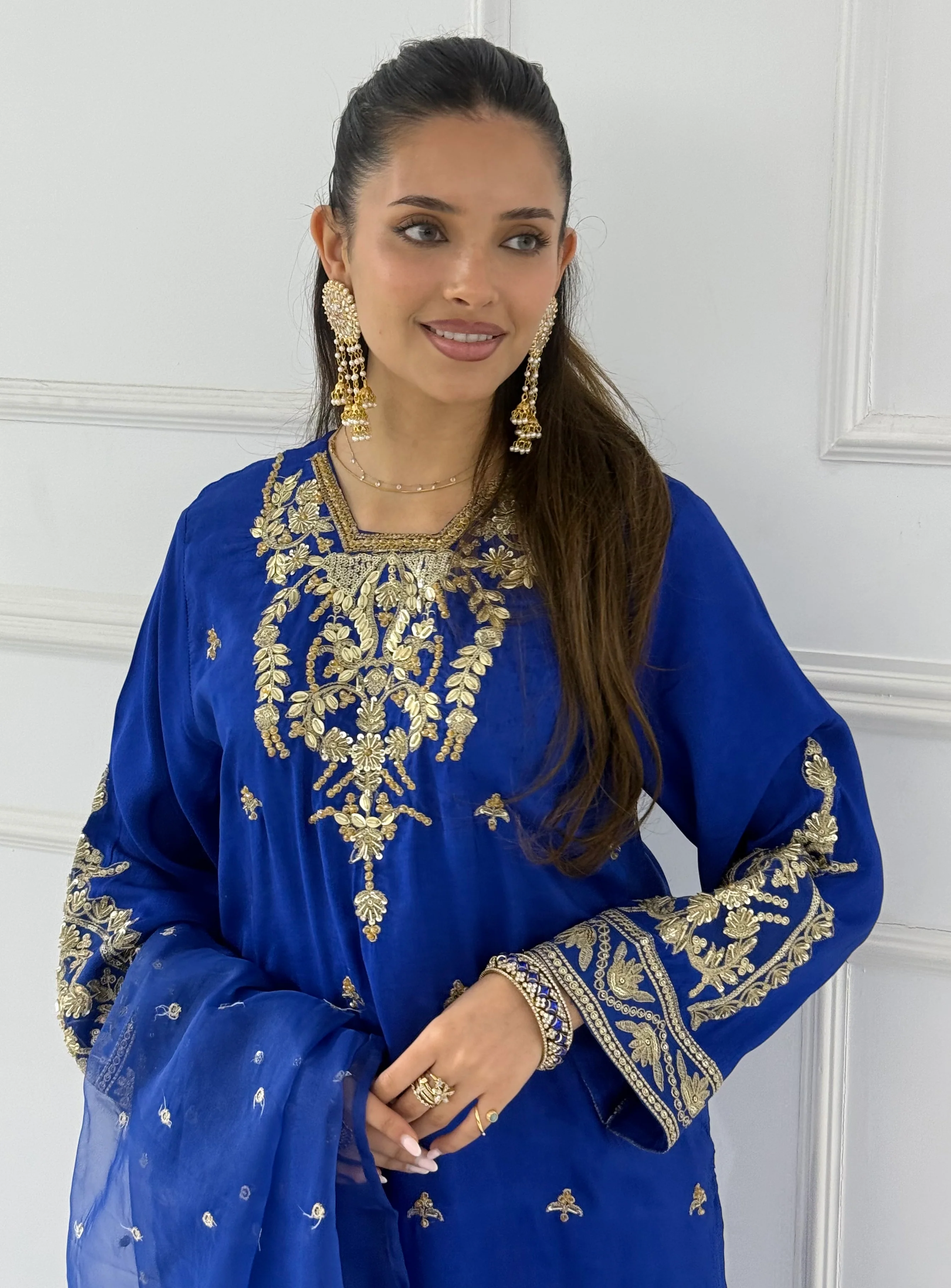 ALA-107 Royal Blue Embroidered Silk Suit Set - Image 3