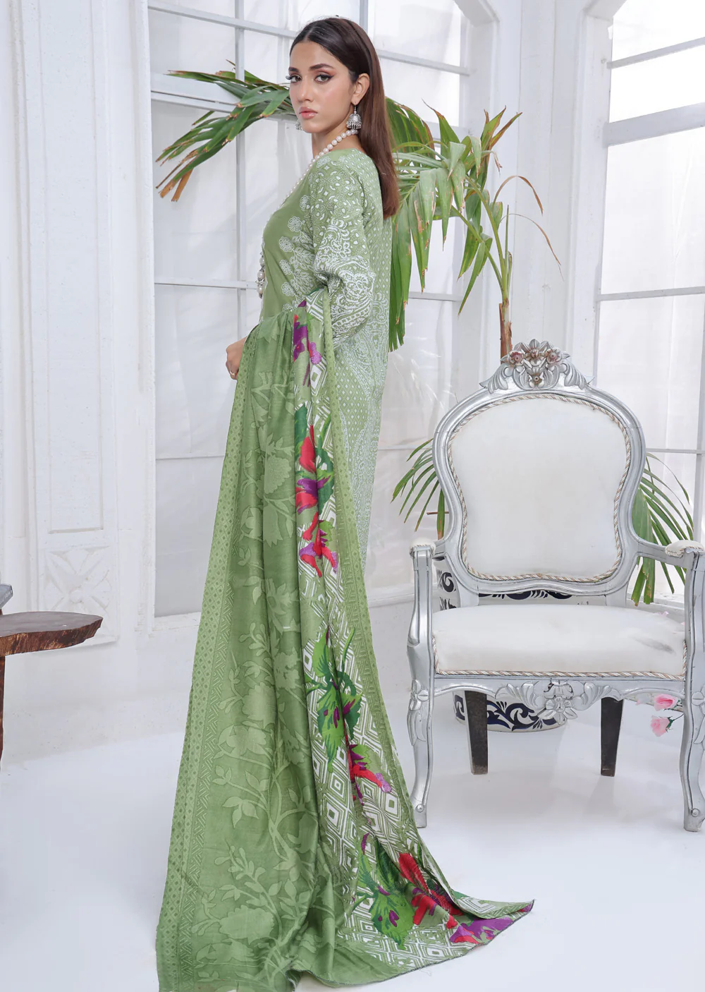 AMT5101 - Green Readymade LInen Shawl Suit - Image 2