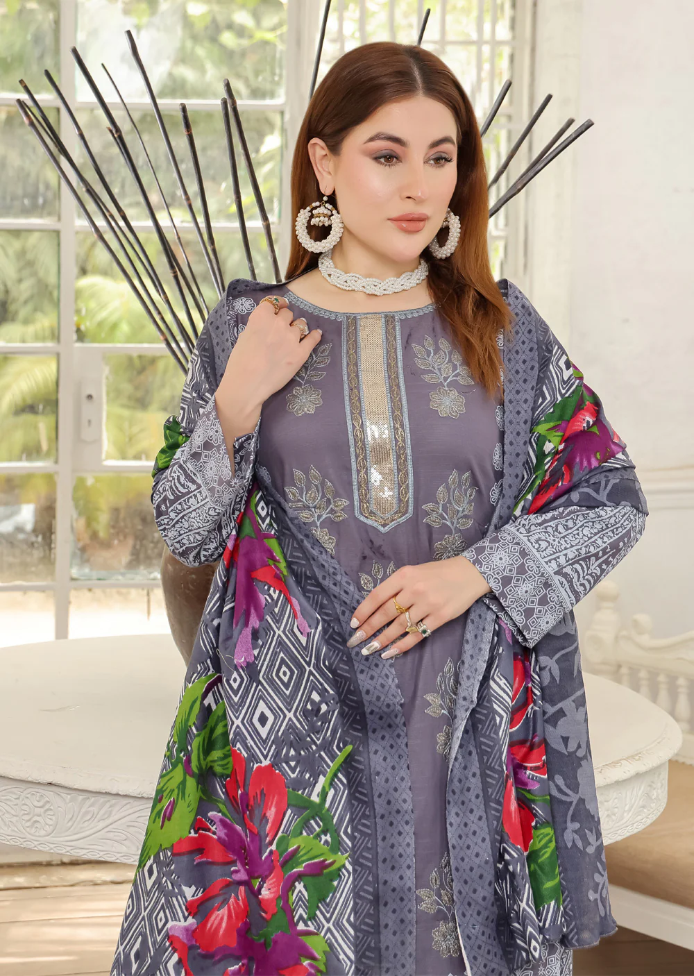 AMT5116 - Grey Readymade Linen Shawl Suit - Image 4