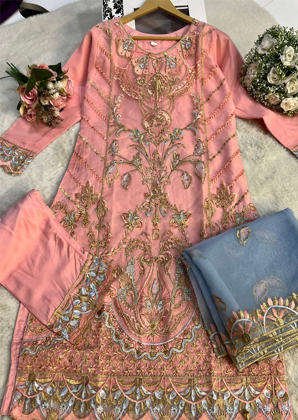 ASK614 Readymade Organza Pink Suit