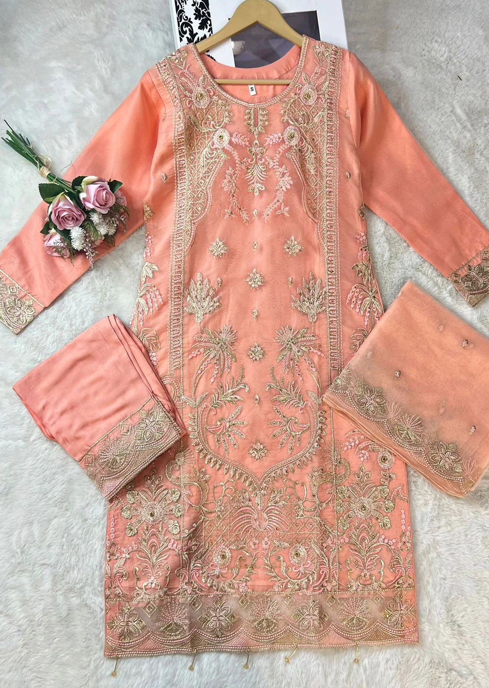 ASK634 Readymade Organza Peach Suit