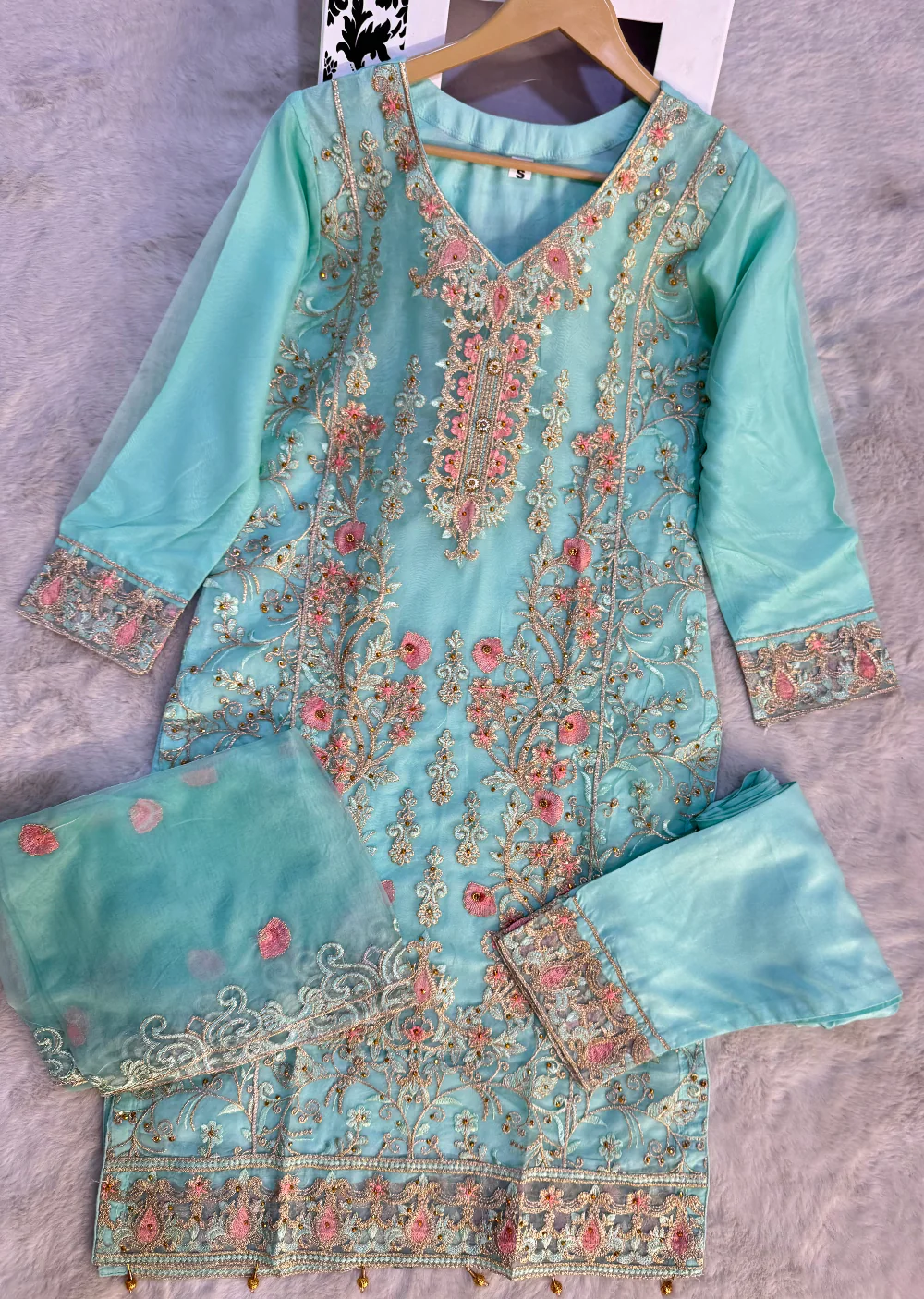 ASK663 Readymade Organza Green Suit