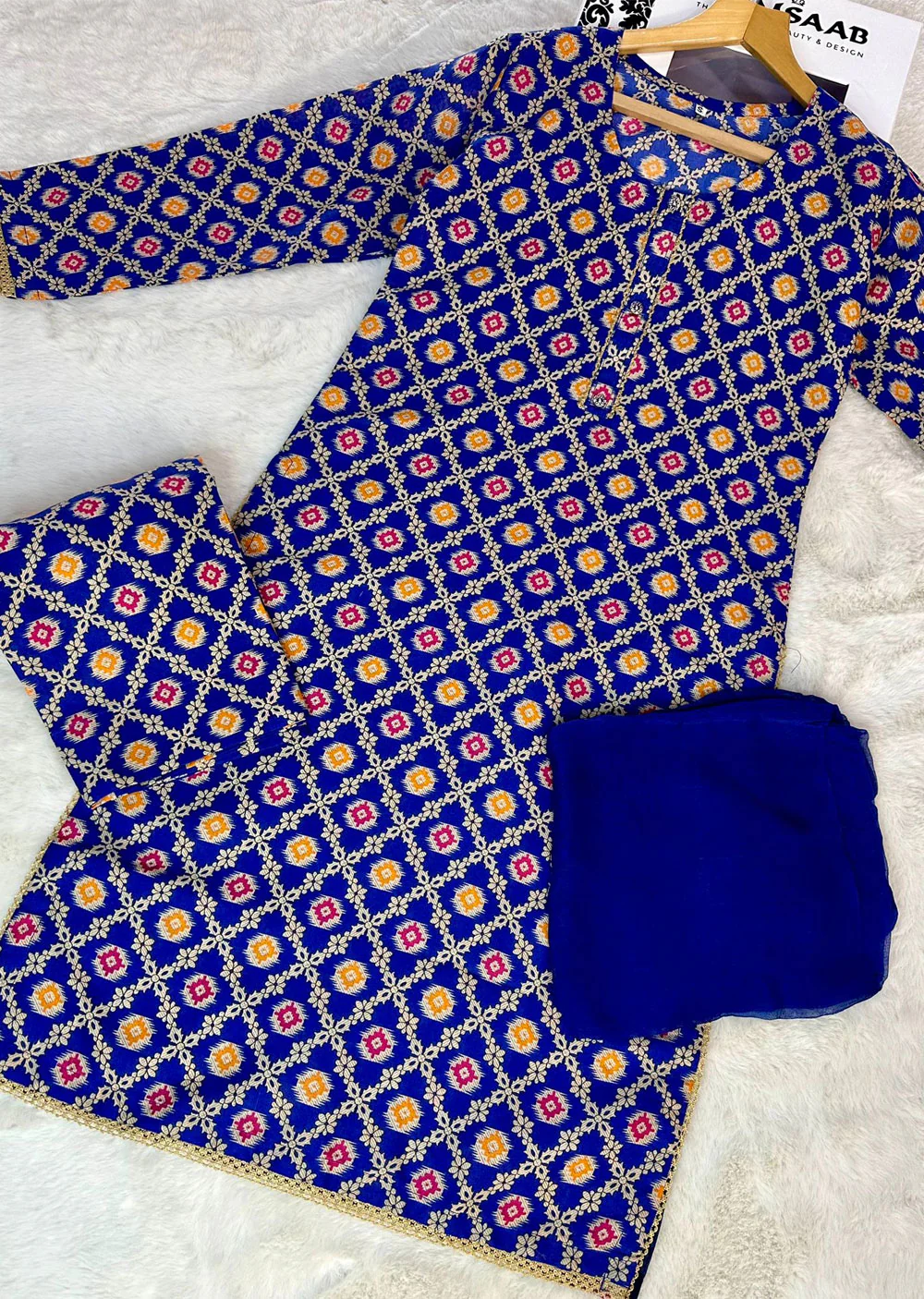 ASK716 Readymade Blue Cotton 3 Piece Suit
