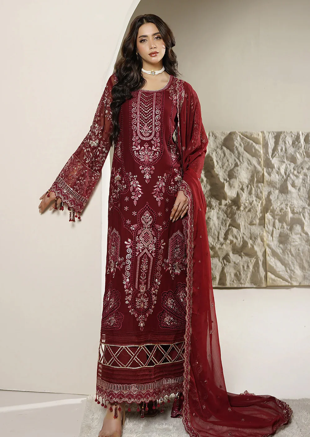 AZ-01 Deep Maroon Embroidered Chiffon Ensemble
