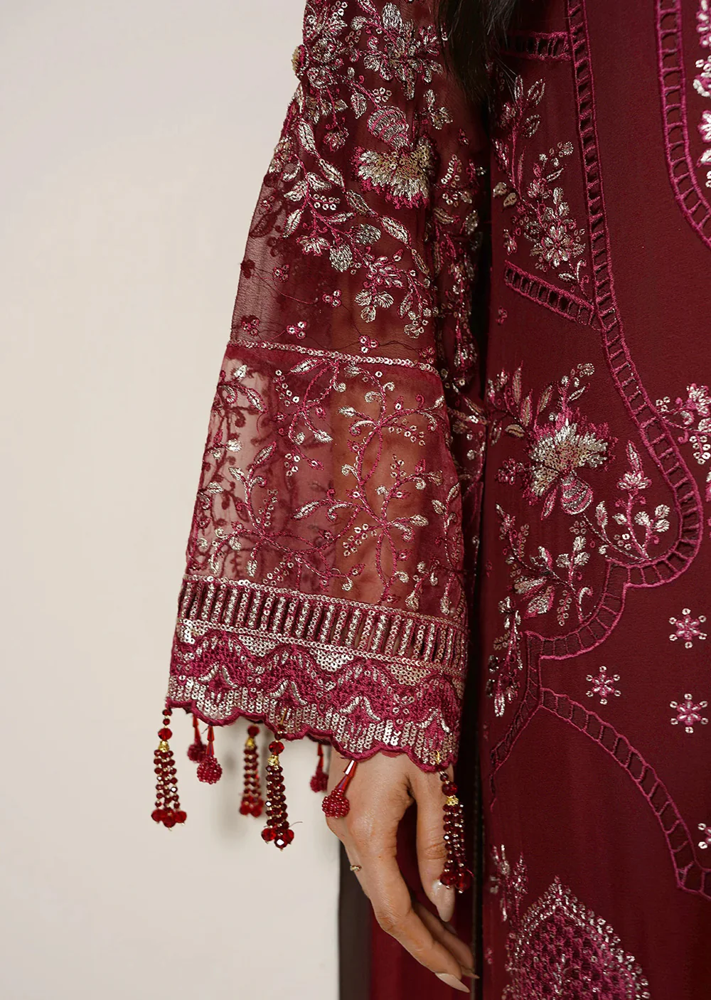 AZ-01 Deep Maroon Embroidered Chiffon Ensemble - Image 4