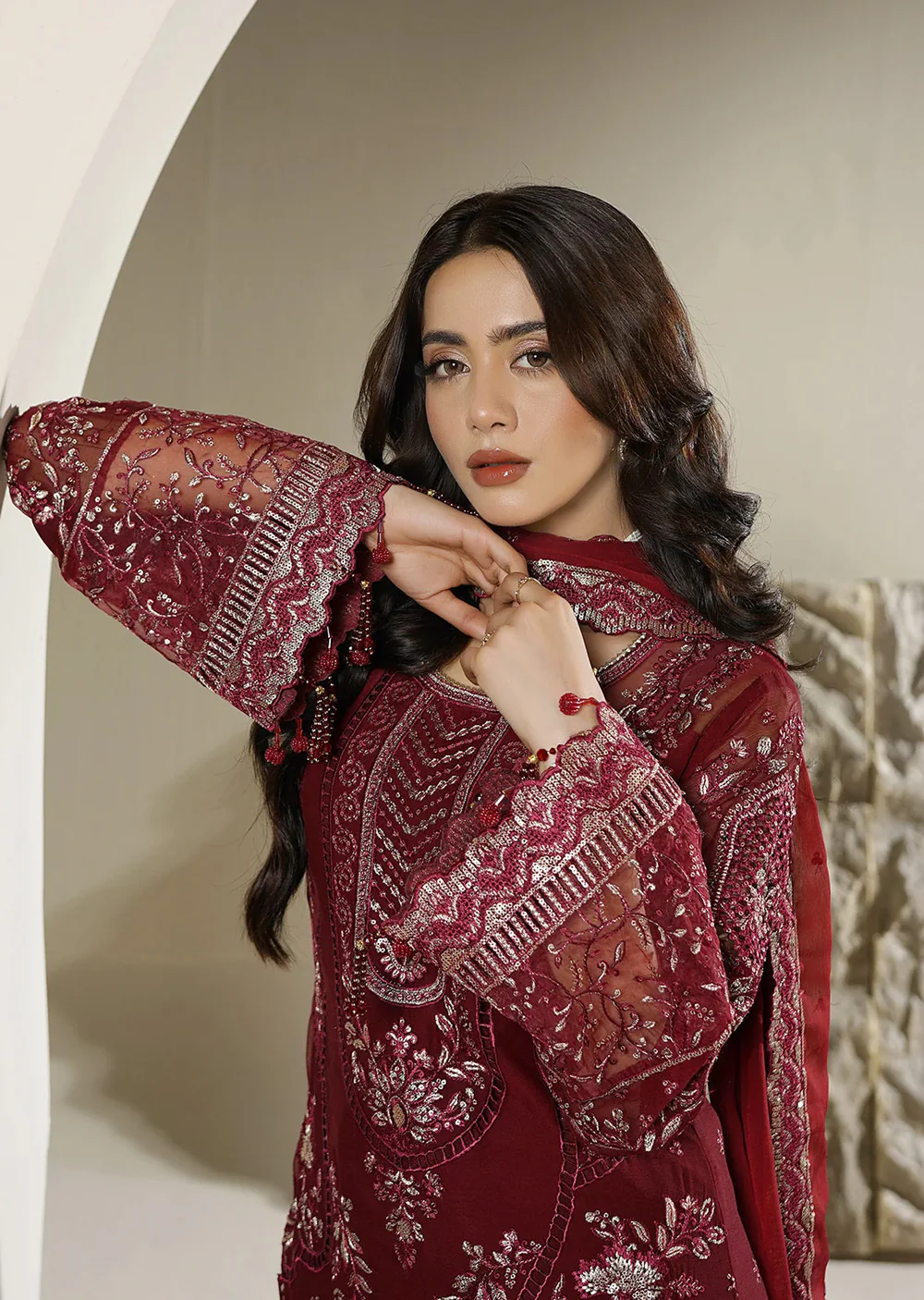 AZ-01 Deep Maroon Embroidered Chiffon Ensemble - Image 5