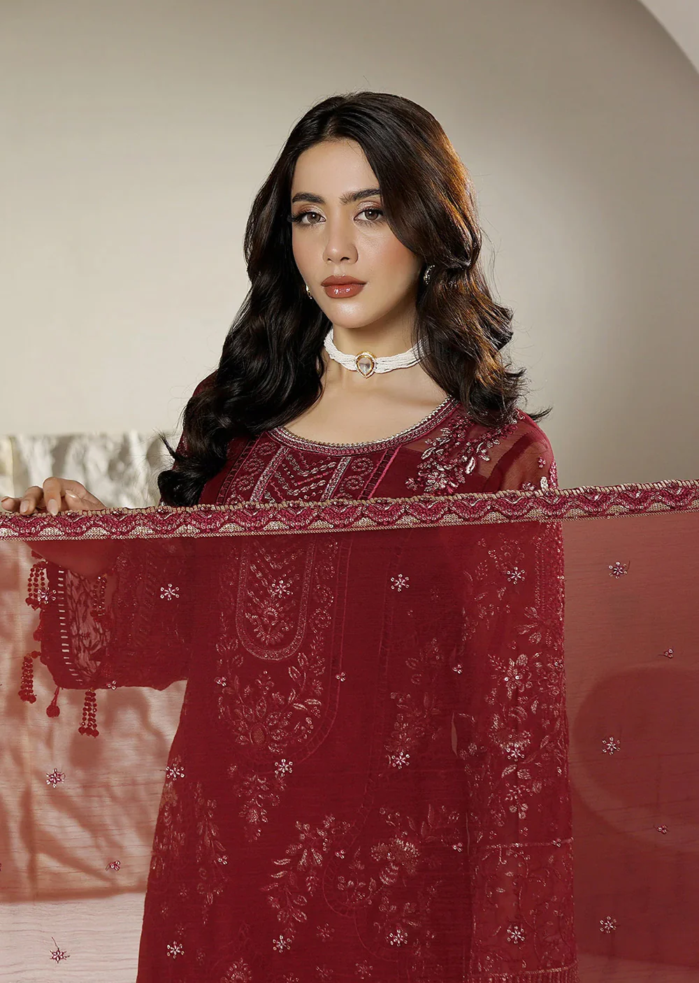 AZ-01 Deep Maroon Embroidered Chiffon Ensemble - Image 6