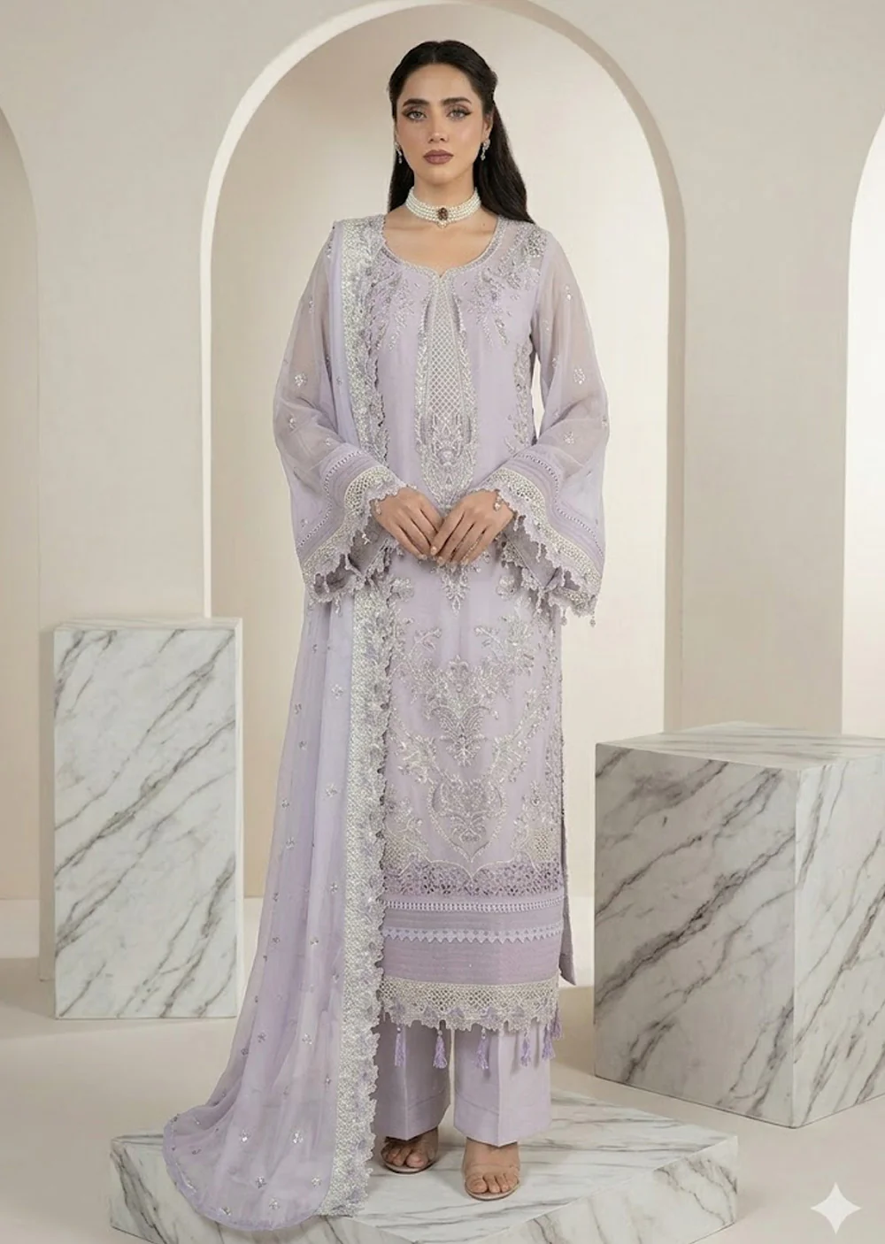 AZ-04 Pink Embroidered Chiffon Ensemble