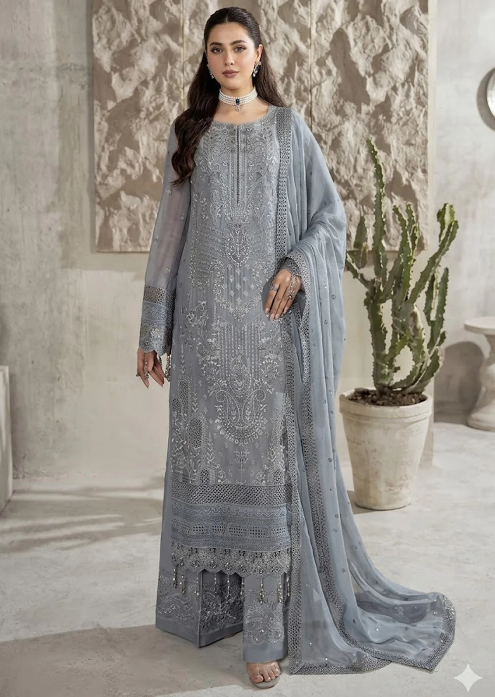 AZ-05 Grey Embroidered Chiffon Ensemble