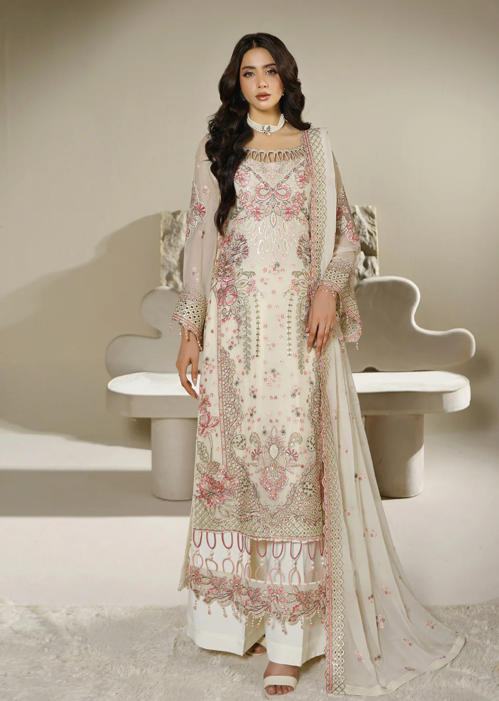 AZ-06 Cream Floral Embroidered Chiffon Suit