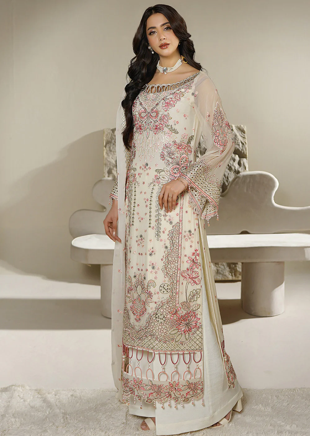 AZ-06 Cream Floral Embroidered Chiffon Suit - Image 3