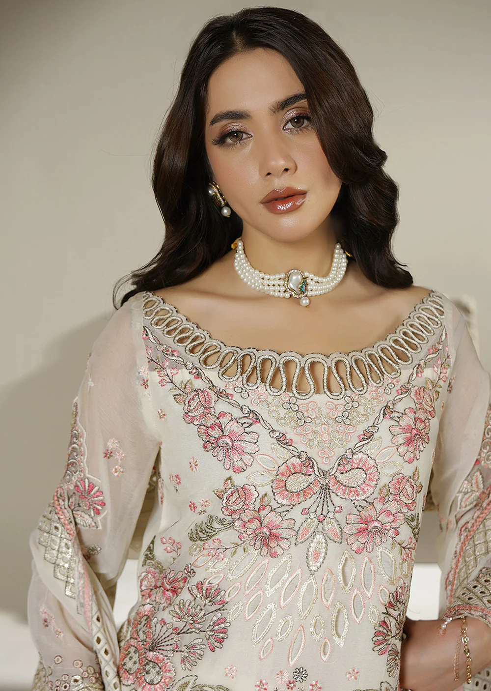 AZ-06 Cream Floral Embroidered Chiffon Suit - Image 5