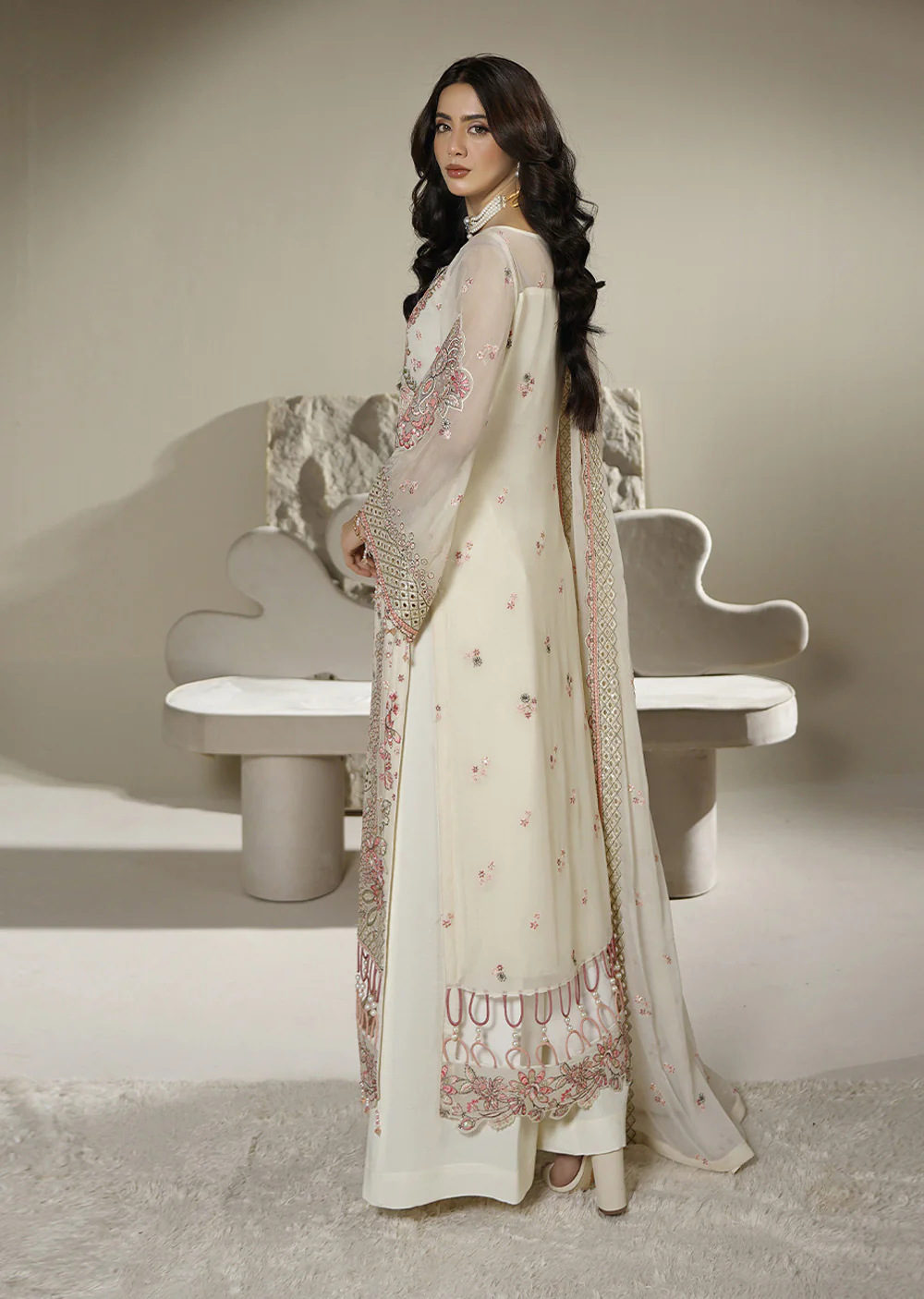 AZ-06 Cream Floral Embroidered Chiffon Suit - Image 6