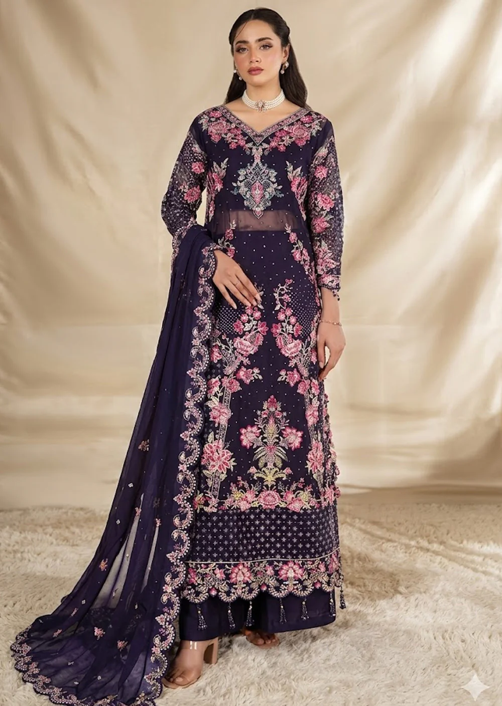 AZ-07 Navy-blue Embroidered Chiffon Ensemble