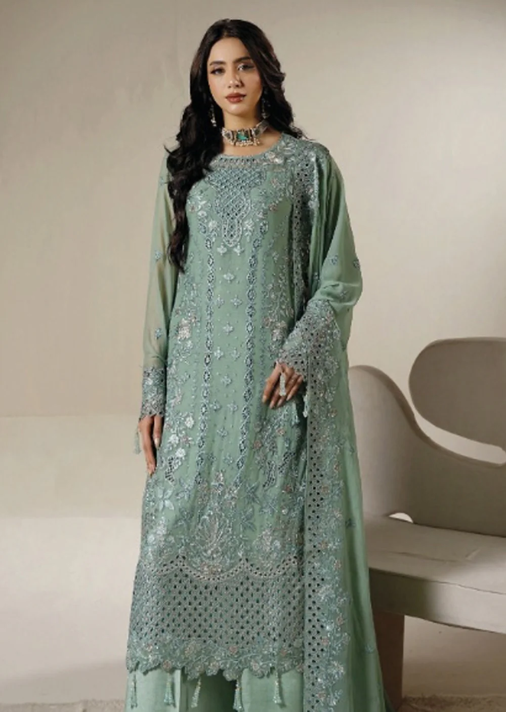 AZ-08 Green Embroidered Chiffon Ensemble
