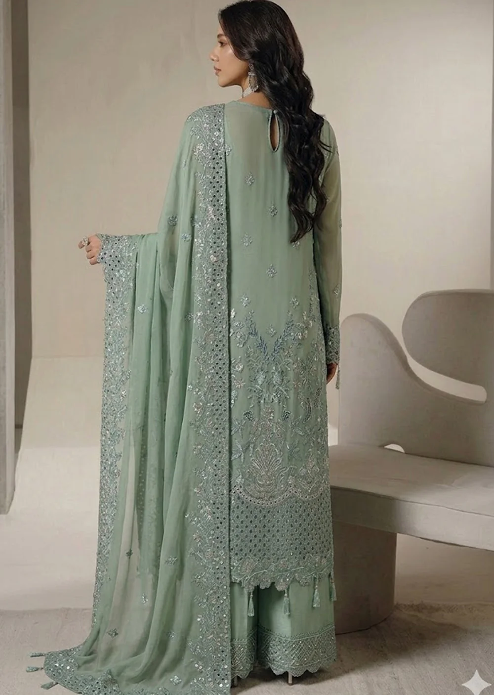 AZ-08 Green Embroidered Chiffon Ensemble - Image 3