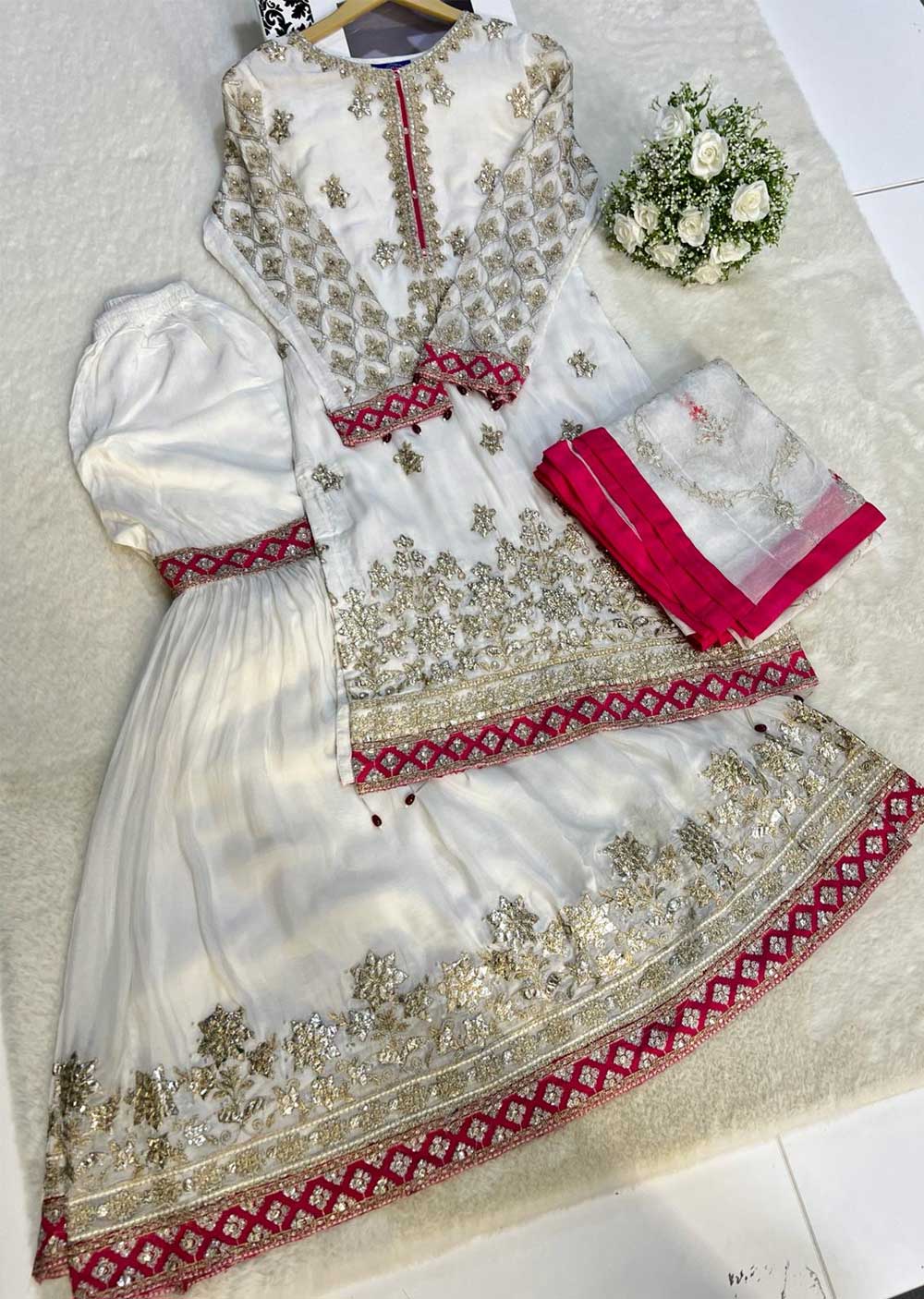 H-751 White - Chiffon Shararah Suit