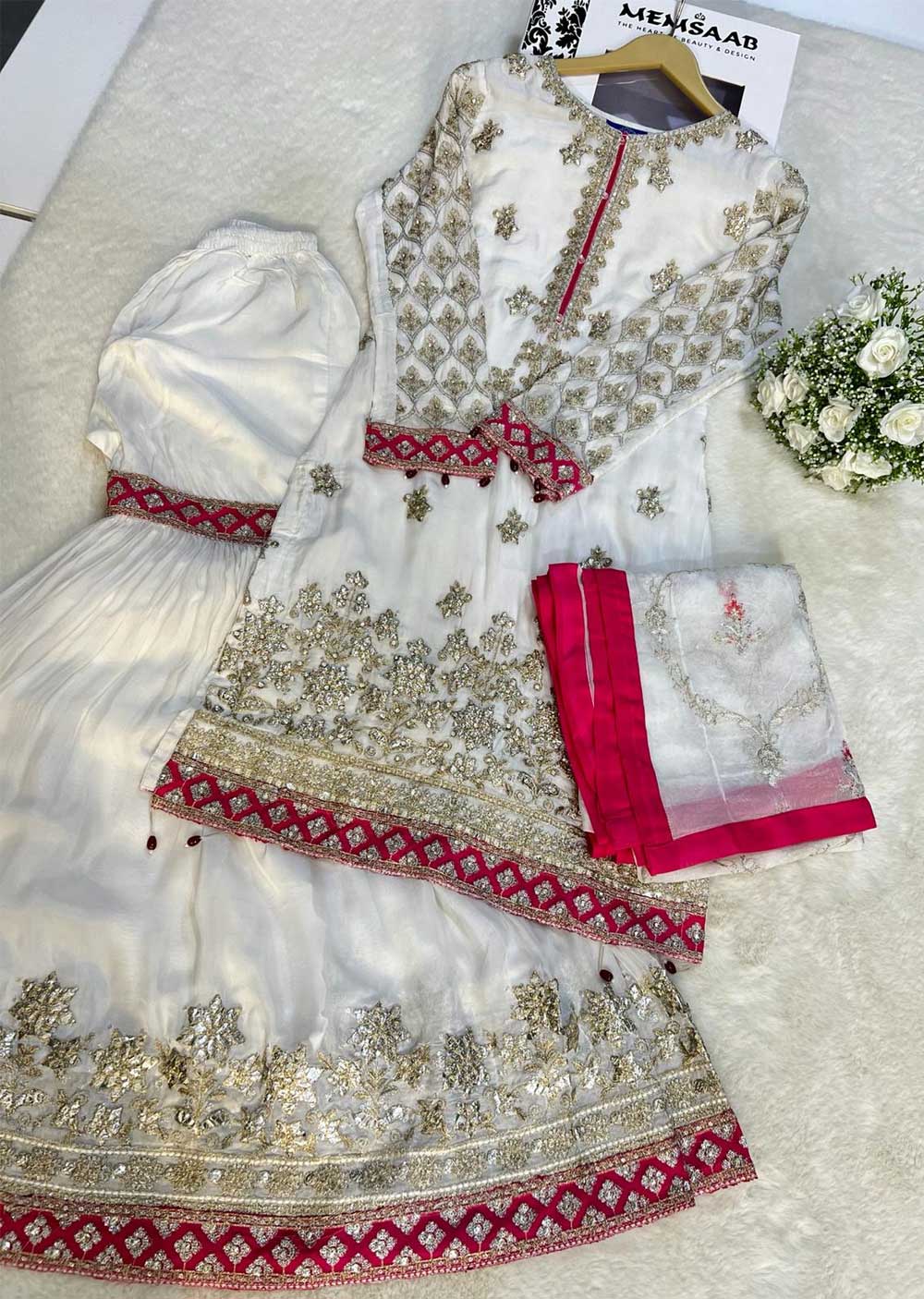 H-751 White - Chiffon Shararah Suit - Image 2