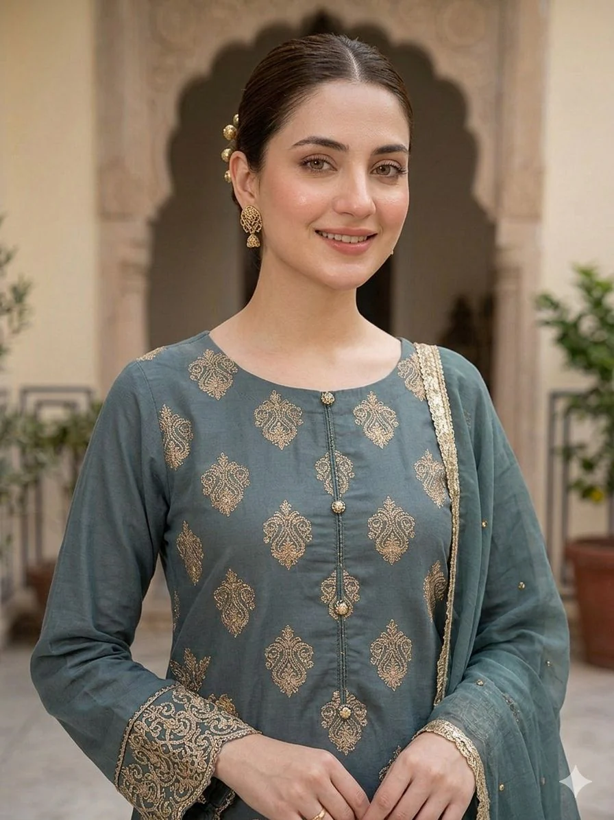 HK08 Readymade Mother & Daughter Embroidered Linen Suit - Image 12