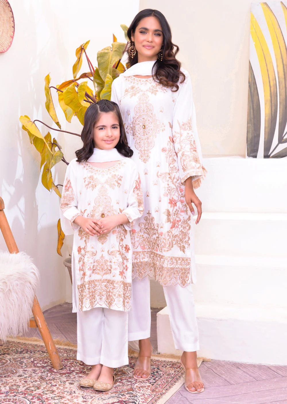 HK128 Rahat White Readymade Mother & Daughter Suit