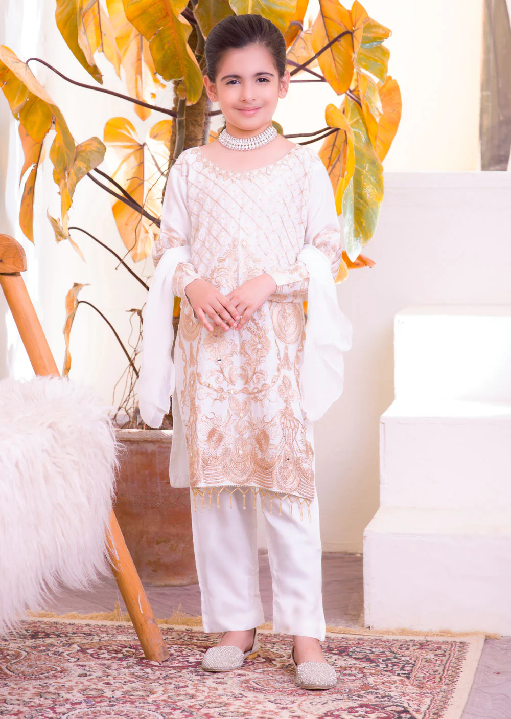 HK129 Givani White Readymade Mirror Mother & Daughter Suit - Image 7