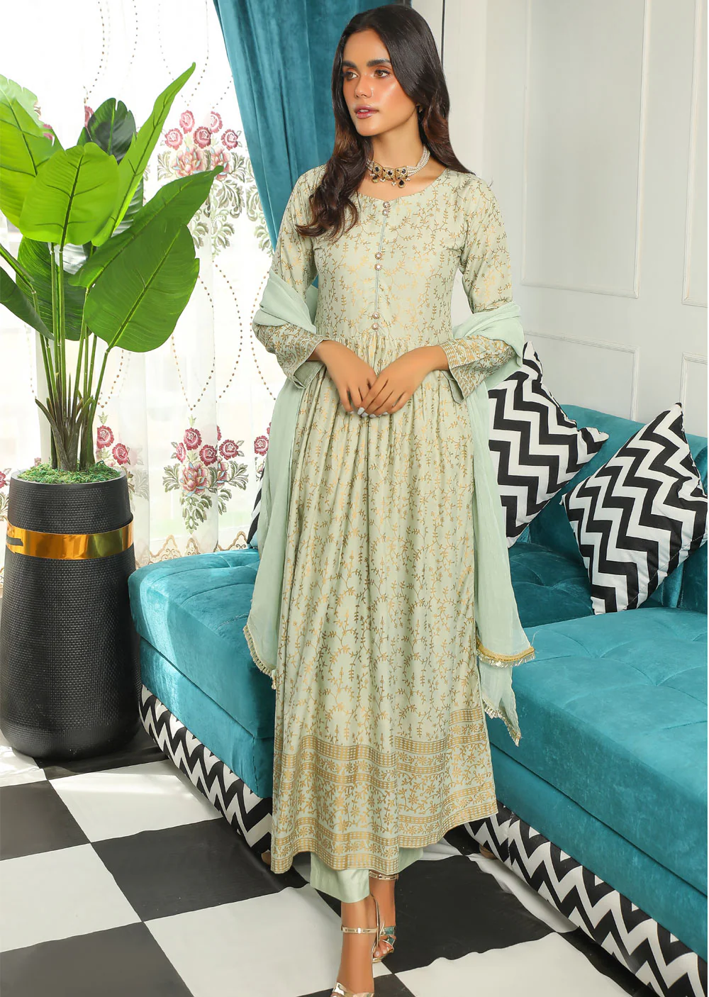 HK144 Hoorayn Mint Readymade Mother & Daughter Suit
