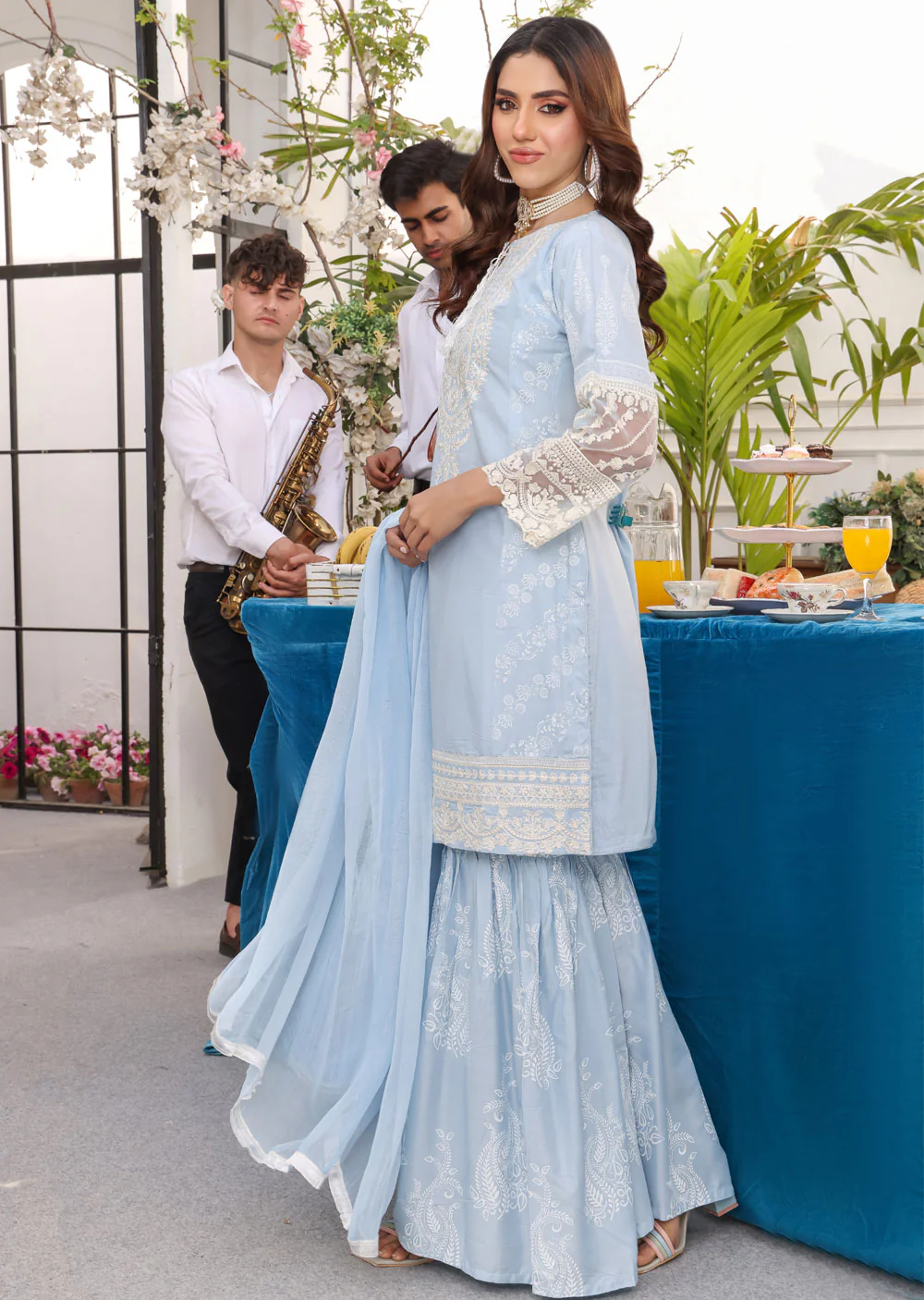 HK181 Bekhud Readymade Baby Blue Linen Mother & Daughter Suit - Image 3