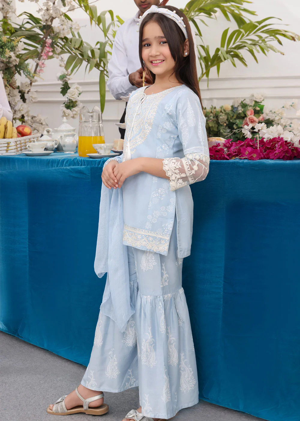 HK181 Bekhud Readymade Baby Blue Linen Mother & Daughter Suit - Image 4