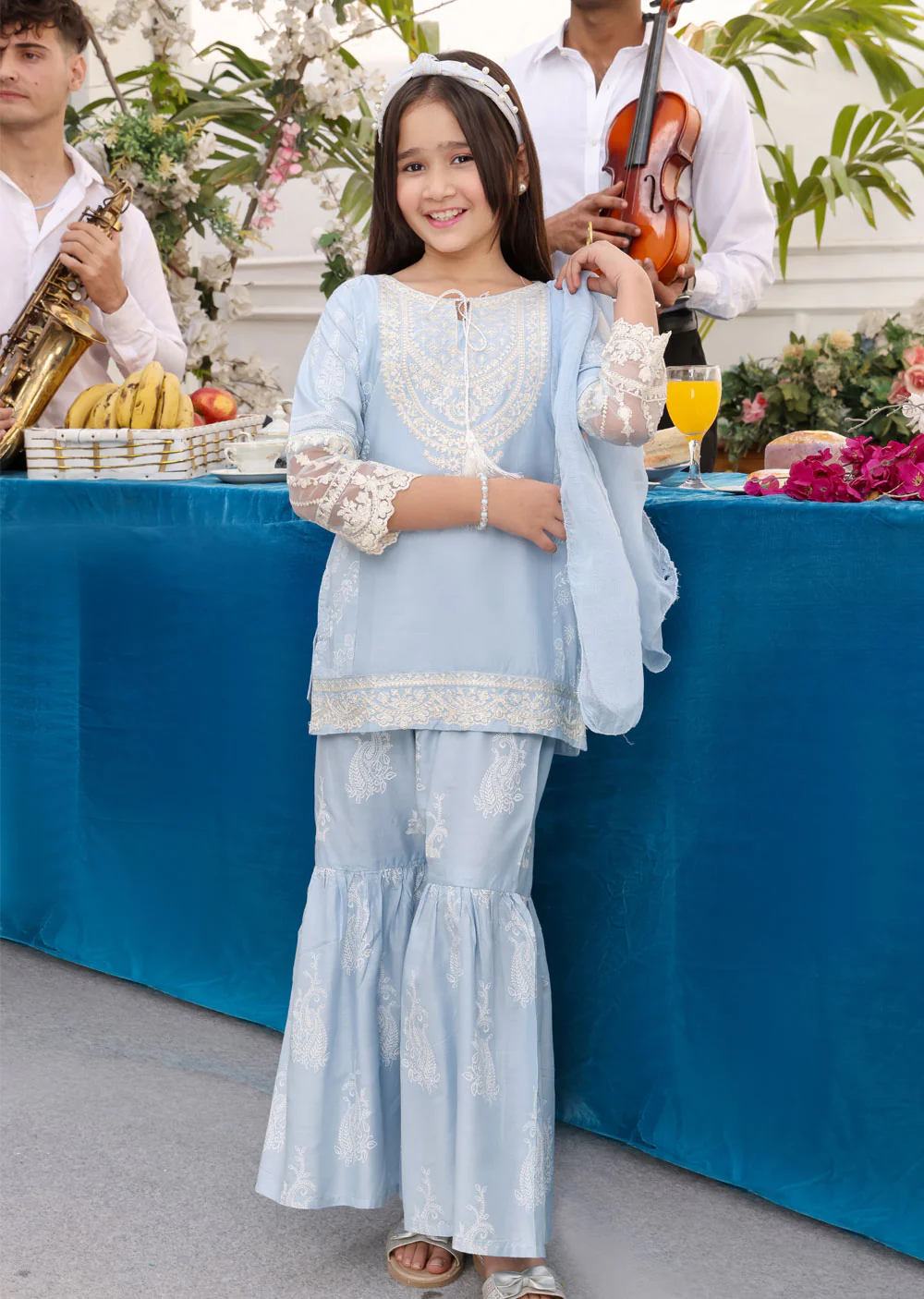HK181 Bekhud Readymade Baby Blue Linen Mother & Daughter Suit - Image 5