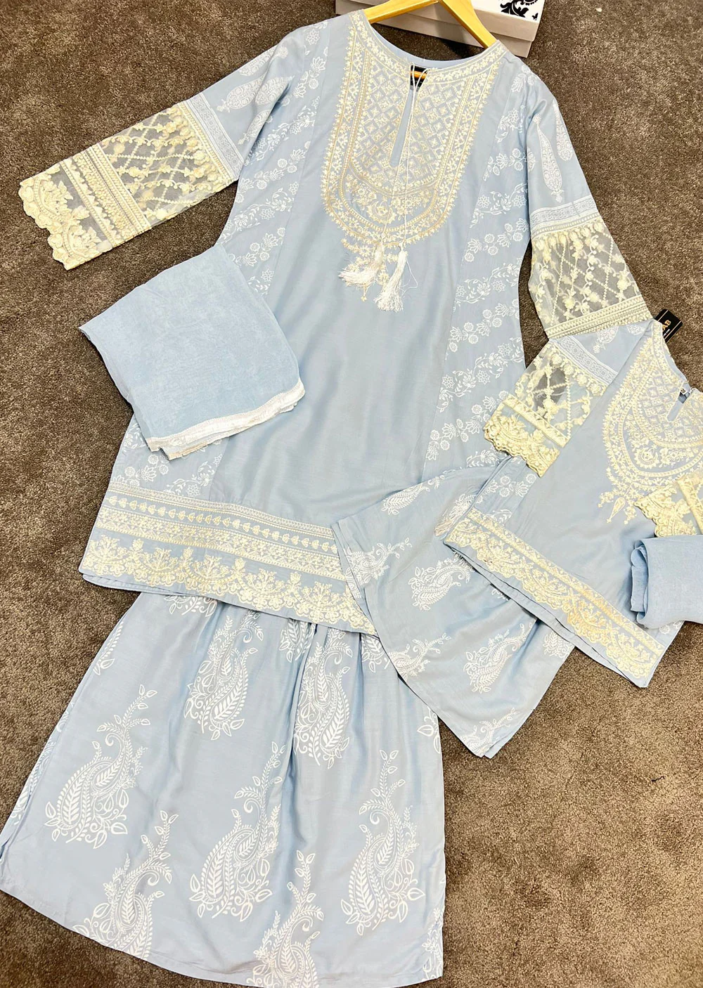 HK181 Bekhud Readymade Baby Blue Linen Mother & Daughter Suit - Image 6