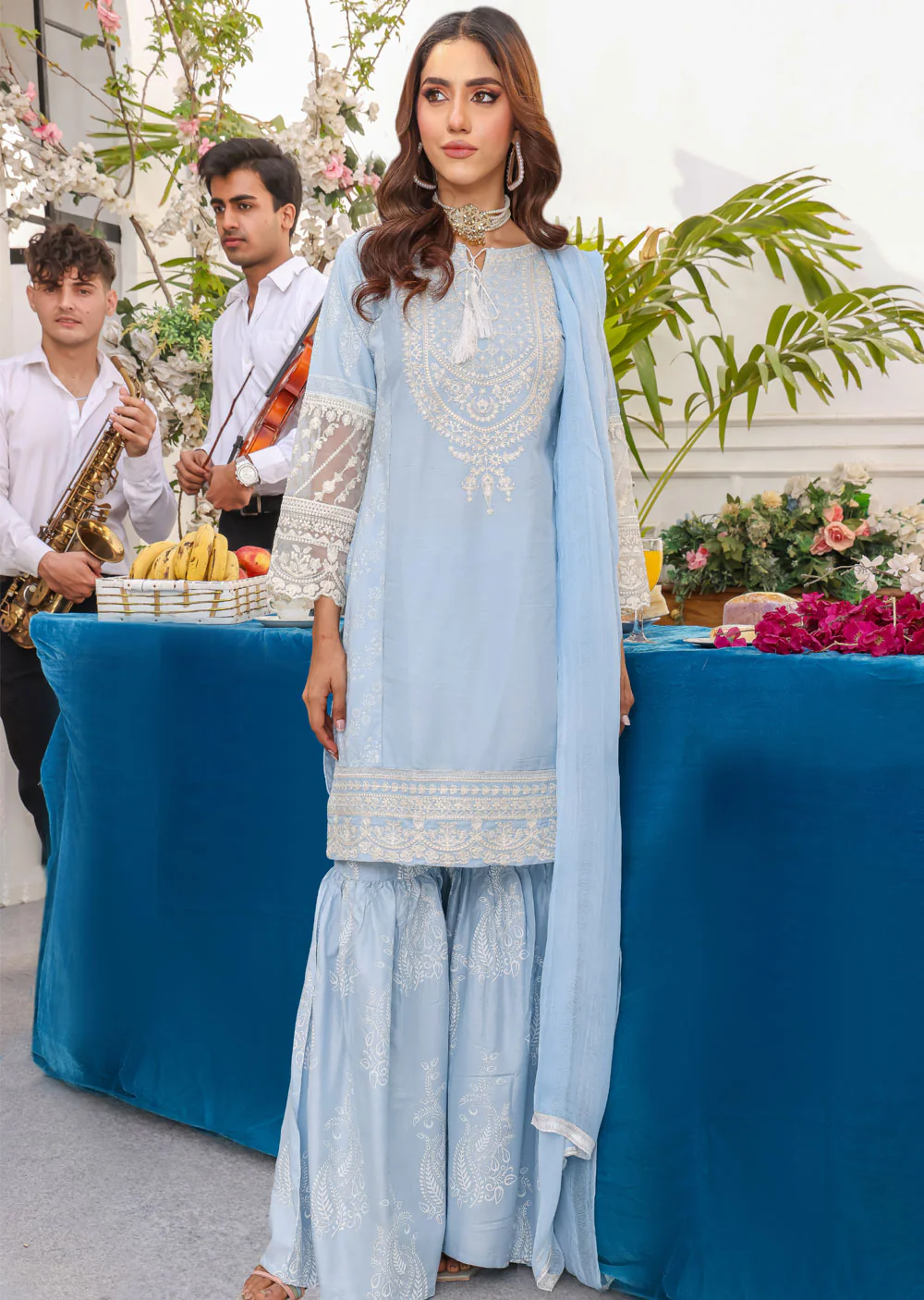HK181 Bekhud Readymade Baby Blue Linen Mother & Daughter Suit - Image 8