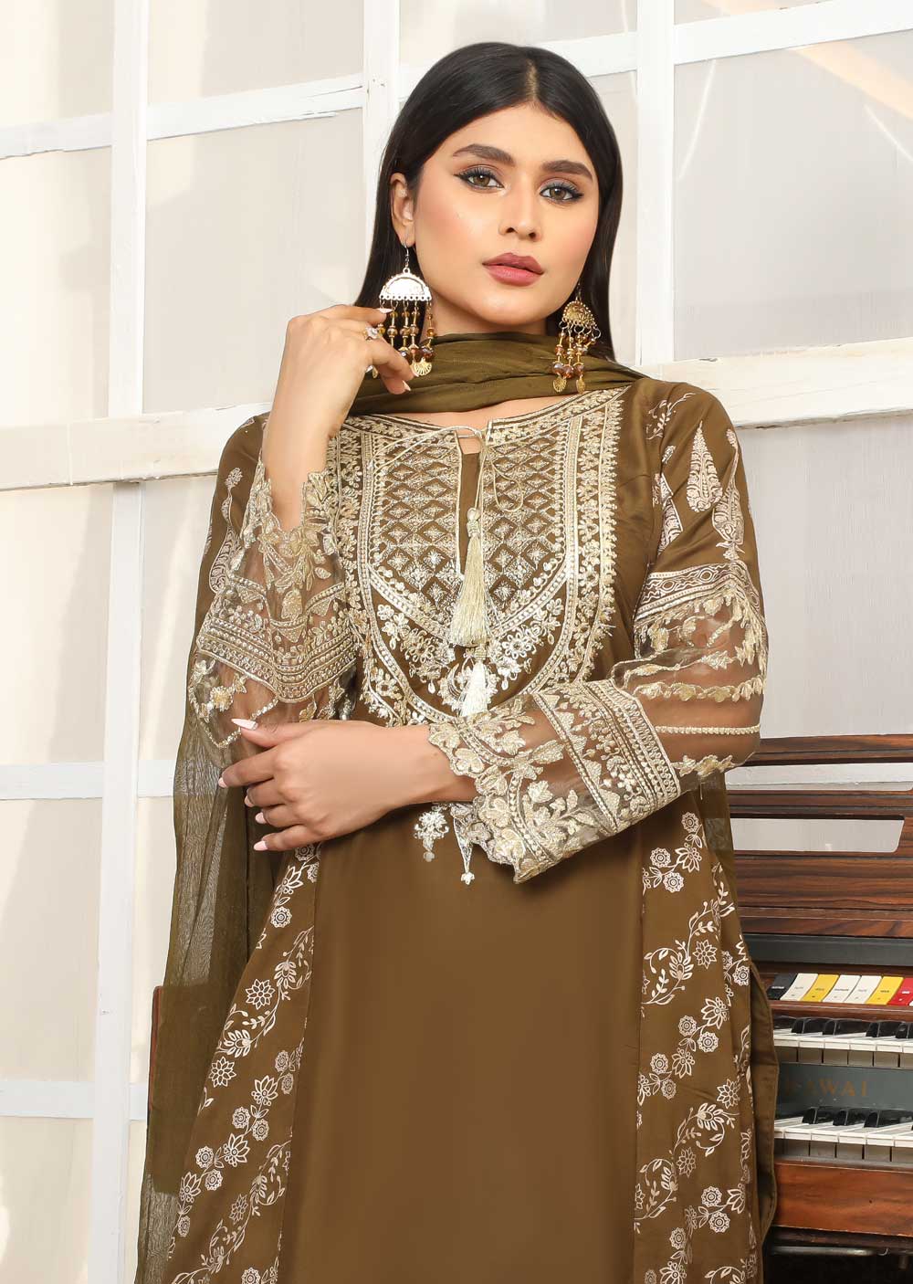 HK181 Bekhud Readymade Olive Linen Mother & Daughter Suit - Image 4