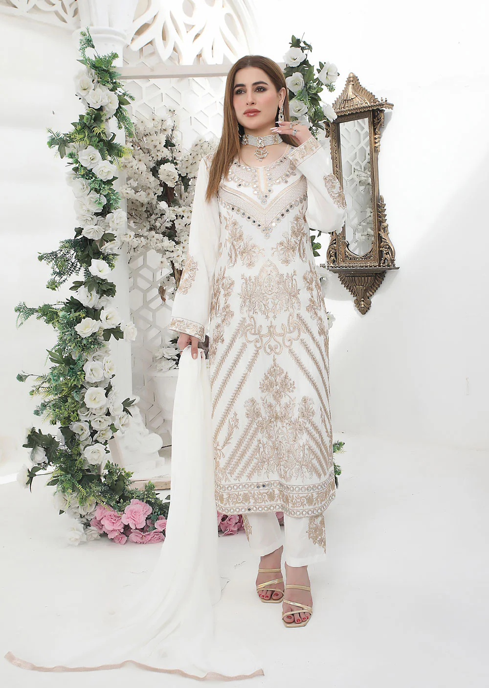 HK192 Barzakh White Readymade Linen Mother & Daughter Suit