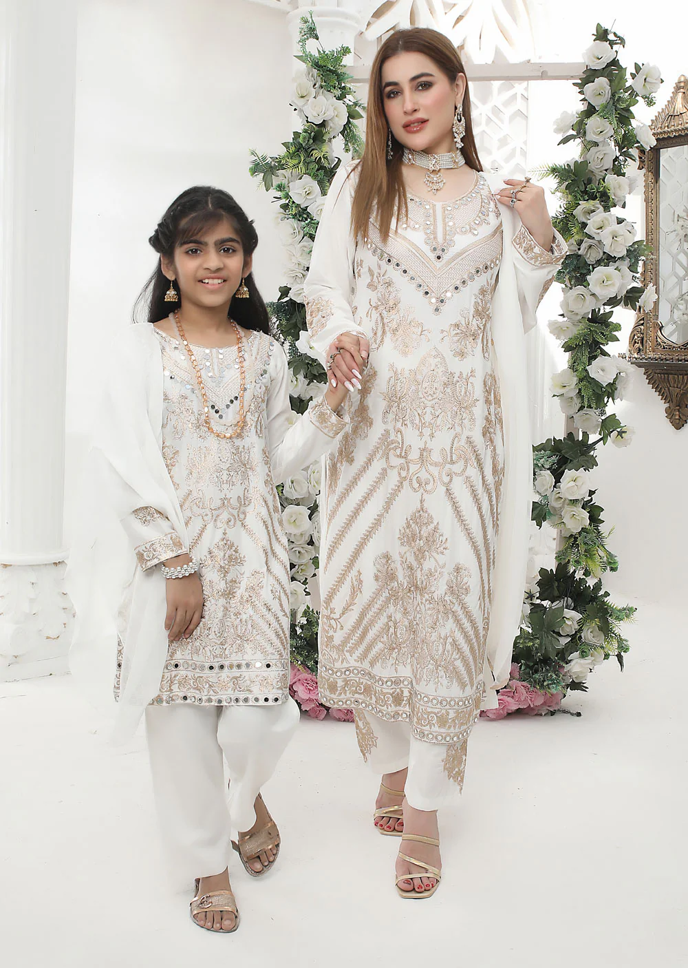 HK192 Barzakh White Readymade Linen Mother & Daughter Suit - Image 5