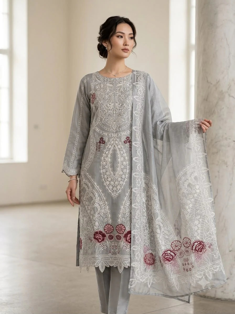 HK398- 3 Piece Embroidered Suit - Image 4