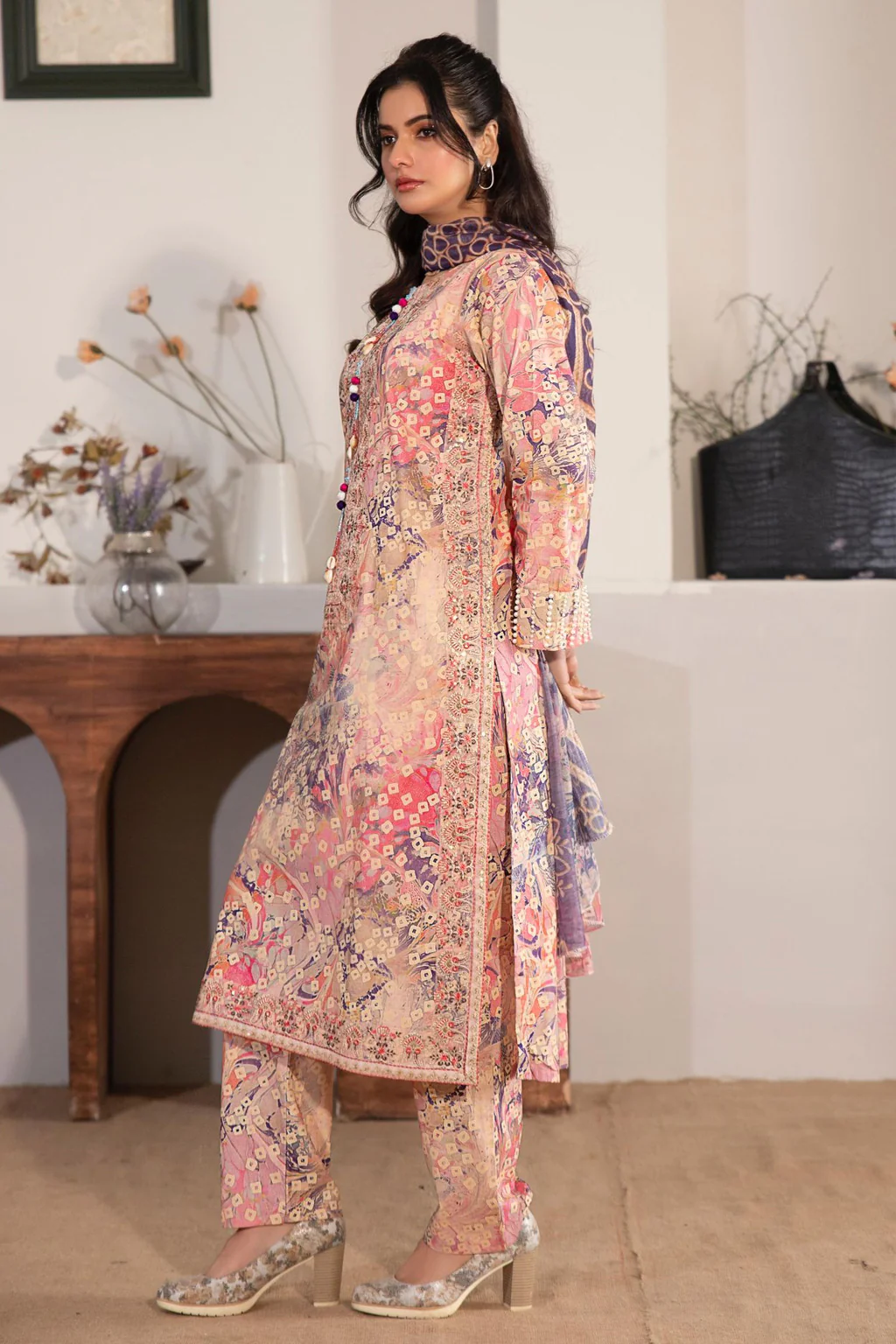 HNR-02 - Pink - Readymade - Haroon Cotton Printed Suit 2025 - Image 2