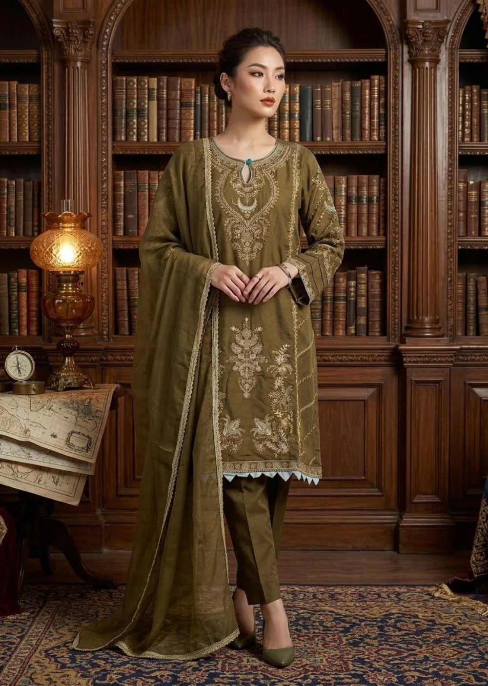 HOR03 Brown Hoorain Jaquard Lawn Suit