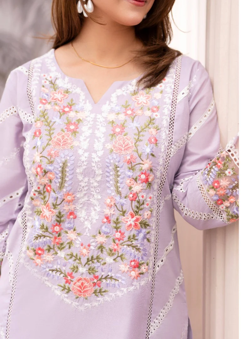 HRM53- Lavender Floral Dream: Embroidered 3-Piece Lawn Suit - Image 3