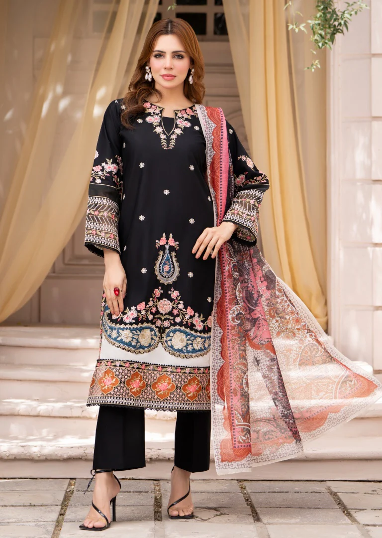 HRM55-Midnight Onyx Floral: Embroidered 3-Piece Lawn Suit