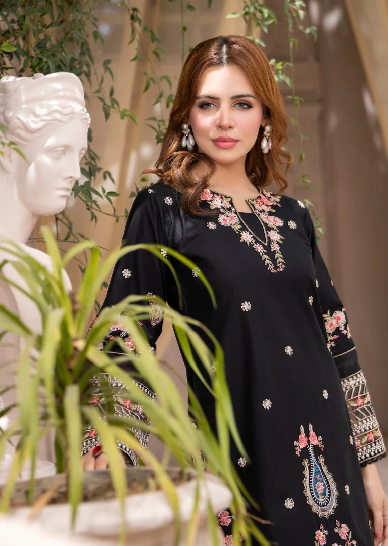 HRM55-Midnight Onyx Floral: Embroidered 3-Piece Lawn Suit - Image 3