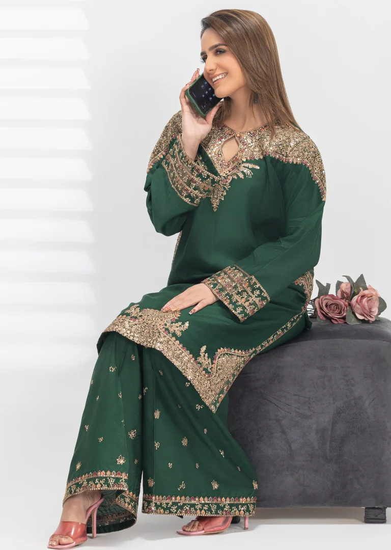 HRM56-Emerald Green 3-Piece Embroidered Suit - Image 3