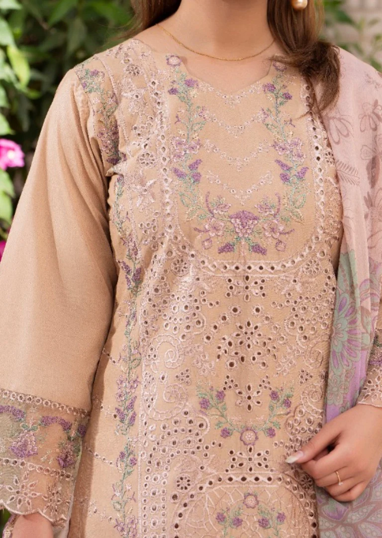 HRM58-Elegant Beige Embroidered Three-Piece Lawn Ensemble - Image 2