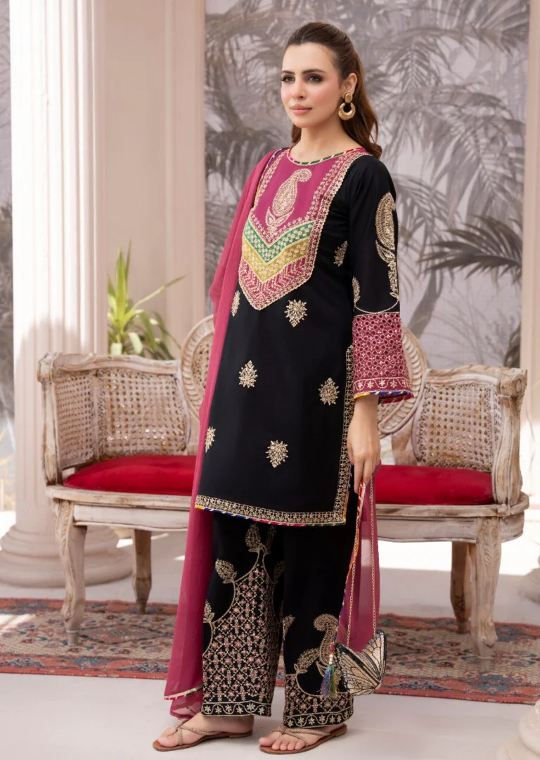HRM59- Midnight Black & Plum Embroidered 3-Piece Lawn Suit