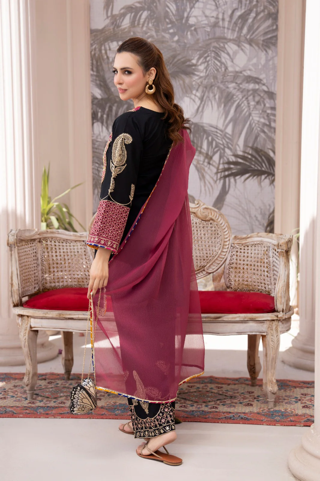 HRM59- Midnight Black & Plum Embroidered 3-Piece Lawn Suit - Image 2