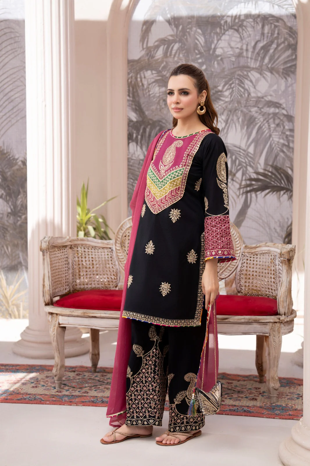 HRM59- Midnight Black & Plum Embroidered 3-Piece Lawn Suit - Image 3