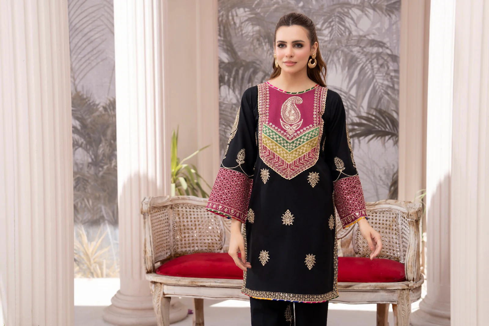 HRM59- Midnight Black & Plum Embroidered 3-Piece Lawn Suit - Image 4