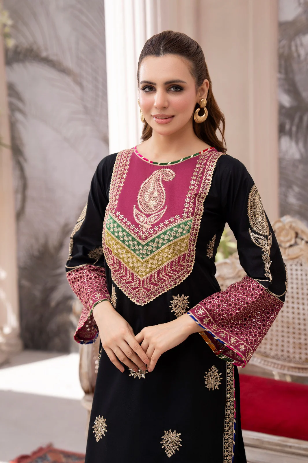 HRM59- Midnight Black & Plum Embroidered 3-Piece Lawn Suit - Image 5